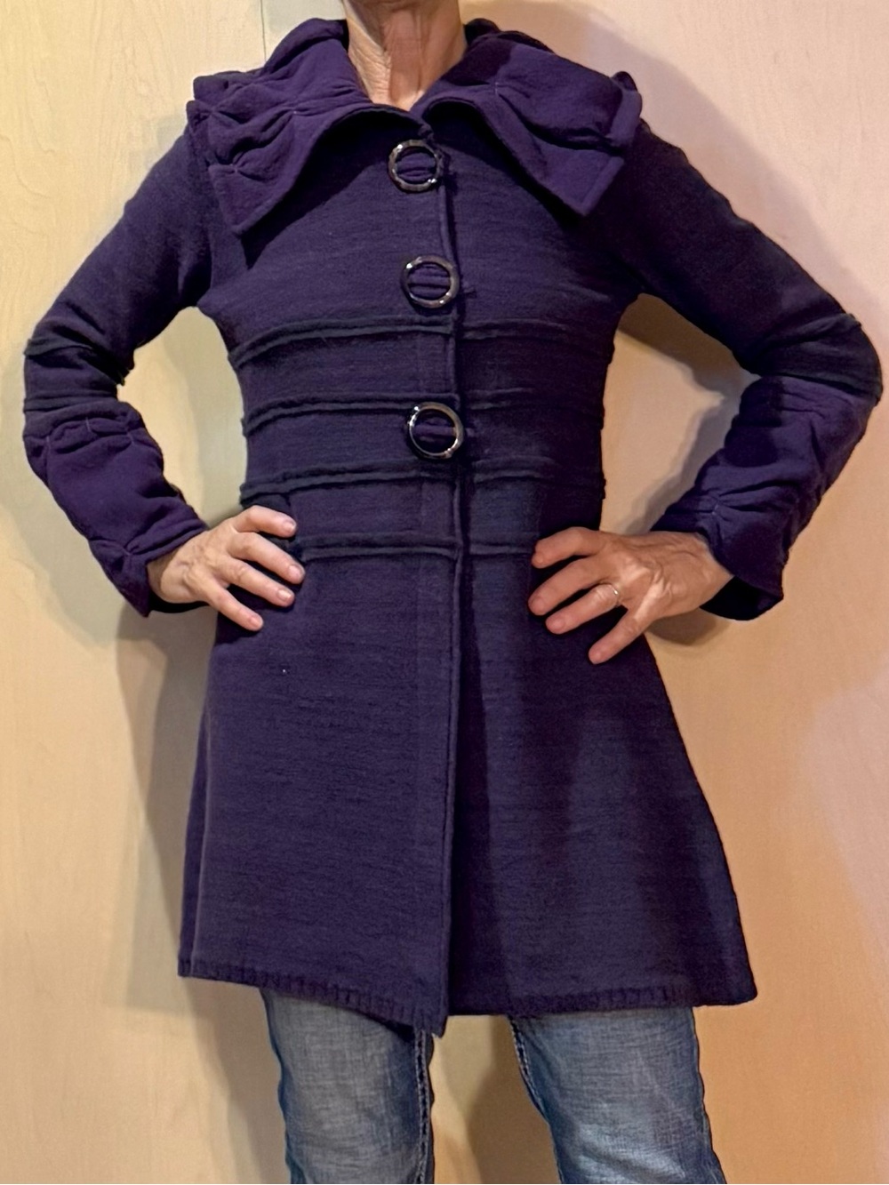 CoVelo Purple Knit Coat Jacket Art-to-Wear Statement Collar Buckle Front